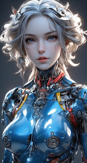 Female cyborg,full body figure,highly polished blue metallic body reflecting light like a mirror surface, Face crafted from pure white alabaster resembling a gothic porcelain doll with delicate features, Large luminous eyes with intricate mechanical iris patterns, Ornate gothic hair ornaments made of alabaster and silver filigree with small mechanical details, Long flowing synthetic hair styled in elegant victorian curls, Multiple vivid cables extending from neck area in bright red yellow and white creating a dramatic contrast against blue body, Cables have a glossy plastic finish and gentle curves like ribbon streamers,Body constructed of smooth curved panels with visible joint sections, Mirror-finish blue metal reflecting environment creating complex light patterns, Mechanical parts visible at joint areas with precise technical details, Graceful feminine proportions with elegant posture, Doll-like hands with visible mechanical articulation at fingers, Gothic-inspired design elements integrated into mechanical parts, Subtle LED lighting effects in eyes and joint areas, Expression serene and doll-like yet hints at artificial intelligence, Contrast between cold mechanical body and delicate porcelain features, Interior mechanical parts glimpsed through strategic transparent panels, Metallic surface transitions seamlessly to porcelain features at neck area,PorcelainDollPrincess,\mechako\