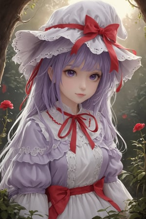 Wonderland,1girl,Beautiful long purple hair,Delicate and detailed depiction of the eyes,
 a charming girl in a Lolita-inspired red and white ensemble,Dress adorned with ruffled lace and delicate ribbons, head adorned with white lace, red witch's hat, dainty bows, dancing in sunny garden,.,a1sw-InkyCapWitch