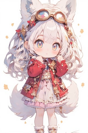 Cute anime-style kemono character, young girl with animal features. White fluffy fox ears and tail. Long silver-white hair. Large golden eyes with a curious expression. Wearing a red and pink outfit with frilly details. Red headband with goggles. Furry paws instead of hands. Chibi proportions with a large head and small body. Soft, pastel color palette. Slight blush on cheeks.looking slightly to the side. Kawaii style, highly detailed, digital art,Chibi-chan