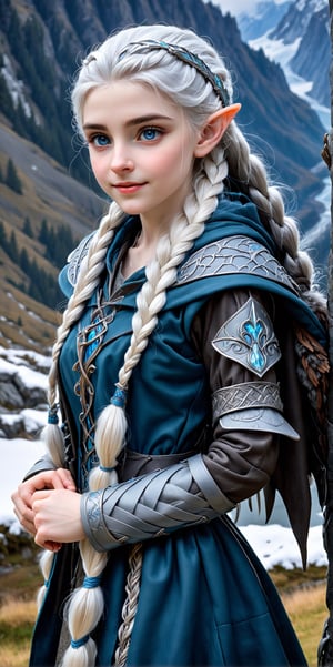 Extreme detailed,ultra Realistic,
beautiful young ELF lady,platinum silver shining hair, long elvish braid, side braid, blue-grey eyes,elf ears,(carries a beautiful hawk on arm:1.2),
Wearing Celtic leather tunic, hooded cloak, animal fur hood, intricate clothing, animal fur clothing, dark clothing, waistband, scarf, soft smile, bending posture, looking into the distance, 
snowy mountain scenery, overlooking valley, river, white clouds, seen from behind,ol1v1adunne