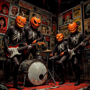 A dark horror-themed illustration of a four-piece band performing,
The musicians wear black bodysuits with a white skeleton print. The members' heads are replaced with carved jack-o'-lantern pumpkins that glow eerily from the inside,
The drummer is playing hard on a silver drum kit on a raised platform,
The guitarist plays an electric guitar and the bassist plays a vintage bass. The lead singer in the center leans on a microphone stand,
In the background, vintage horror movie posters are pasted on top of each other in a chaotic collage. The posters feature classic monsters, screaming faces and bold typography,
The messy posters,
Low-angle view, captures an intense performance in a dynamic pose,
The orange glow of the pumpkins contrasts with the dark shadows and muted poster colors. Occasional red accents are used for emphasis,
A grunge-esque textured art style with sharp, inky lines and rough shading. Halloween themed details: bats, spider webs in the corners, ,aidmaabdhr,