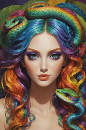 Medusa,(hair is a seven-coloured snak),hair  a rainbow serpent, slithers gracefully amidst the shadows, Each of her serpentine locks pulses with vibrant colors,Rainbow haired girl ,girl with snake