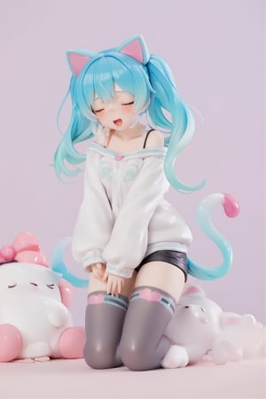 1girl,PVC,Hatsune Mi resin figure, posing cutely with a big yawn. Hatsune Miku has cat-like ears and blue-green twin tails, and wears a white long-sleeved shirt with a small Miku logo on the chest. Miku was also wearing black shorts with soft pastel stripes and thigh-high socks, with only one eye open and her mouth open.
 He looks sleepy. The background has a soft and minimalist feel, giving it a lovely look and a cozy feel. Masu. Emphasizes a relaxed atmosphere. , lyh, ATRFX, resin