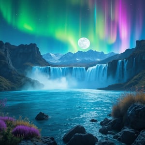 The ultimate breathtaking landscape combining the most spectacular views on earth. A gigantic waterfall system rivaling Niagara, multiple cascades of crystal clear water cascading from towering cliffs. A vast mirror-like water surface reminiscent of the Salar de Uyuni below perfectly reflects the sky and surrounding landscape. Brilliant aurora borealis dances across the night sky, swirling ribbons of green, purple and blue, a vibrant rainbow over the waterfalls is super saturated and vibrant colors, the foreground is a diverse terrain of lush rainforests, snow-capped mountains and colorful wildflower fields. Stars and galaxies are clearly visible in the sky. The moon appears larger than normal and surface details are discernible. Water mist rising from the waterfalls creates an ethereal atmosphere and captures the lights of the aurora. Highly detailed textures: water droplets, rock formations and plants. 8K resolution, photorealistic style with enhanced color vibrancy. Wide-angle composition captures the vastness of the scene. Dramatic lighting with a combination of aurora, moonlight and starlight.,noc-fantasy