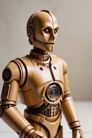 C-3PO made of wood, faithfully and smoothly reproduced in every detail of the iconic droid, wood grain body,wood carving style,woodfigurez