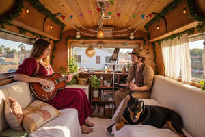 Warm intimate scene inside a decorated van conversion, Interior decorated with hanging fairy lights and colorful triangle bunting flags across ceiling, Climbing ivy and potted plants adding natural greenery to the space, Vintage-style lanterns hanging from wooden ceiling panels, Woman in flowing burgundy medieval-style dress with decorative metal disc accessories sitting comfortably on cushioned seating, Man in earth-toned clothing and brown fedora playing wooden resonator guitar, Black and tan dog relaxing on white bedding in foreground, Warm afternoon light filtering through large windows creating soft natural lighting, Interior features wooden paneling and cream-colored upholstery, Cozy bohemian decorations including tasseled curtains and vintage frames, Musical equipment and microphone stand set up for recording, Small personal items and instruments scattered around showing lived-in feel, Warm color palette dominated by browns beiges and burgundy tones, String lights creating ambient glow throughout the space, Vintage music equipment and records visible in background storage, Overall atmosphere suggests traveling musicians' mobile home with artistic bohemian aesthetic, Mix of vintage and handcrafted elements in decoration, Scene captures intimate home-concert environment in converted van,Polaroidx