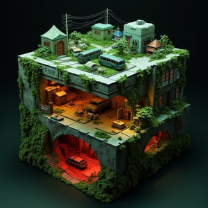 Isometric diorama of post-apocalyptic city, The Last of Us style. Multi-layered 3D cube structure, 30cm wide. Underground sewers with red danger glow. Middle layer: abandoned streets, overturned cars and buses as barricades. Upper level: survivor camp with tents, makeshift gardens. Lush overgrowth, vines covering buildings. Miniature figures of cautious survivors. Detailed graffiti and broken signs. LED lighting effects for underground and night ambiance. Rust and decay textures. Overall green-tinted color scheme. Hyper-detailed, 8K resolution, tilt-shift effect. Photorealistic miniature art style.,noc-isometric