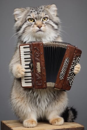 Pallas's cat, perched gracefully atop an accordion, its fluffy fur contrasting with the instrument's sleek surface. Despite the unconventional seat, the cat appears content and at ease, adding a touch of whimsy to the scene. As the accordion plays, blending with the rhythmic purring of the feline, they create a harmonious melody that captivates all who listen. In this enchanting moment, the Pallas's cat becomes a symbol of unexpected beauty and tranquility.", pallas‘s cat