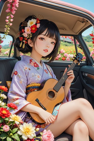 1girl, a beautiful geisha playing the shamisen inside a car adorned with an abundance of flowers.She is dressed in a vibrant kimono, with flowers adorning her hair. The interior of the car is filled with colorful blooms, creating a fragrant atmosphere as the geisha's music fills the space.,Geisha