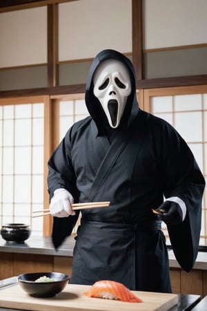 A man in a black coat and a  white ghostface,  ghost face costume,
skillfully crafting sushi. The contrast of his dark attire and the pristine white mask enhances the focus on the intricate process of sushi preparation. The scene combines an air of mystery with the precision of traditional Japanese culinary artistry, creating a captivating visual narrative.,ghostface mask