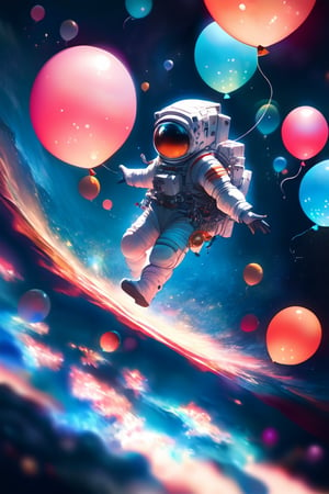 Surreal digital painting,lot balloon, Astronaut in detailed spacesuit standing on celestial body entirely covered in vibrant, multicolored balloons. Endless sea of balloons stretching to horizon, some floating gently. Stunning starry space background, distant galaxies visible. Astronaut's visor reflecting balloon colors. Impossible physics - balloons retaining shape in space. Contrast of scientific exploration and whimsical discovery. Hyper-realistic textures on sp