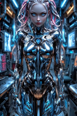 A sleek female cyborg with a mirror-polished chrome body, reflecting its surroundings. Feminine curves accentuate its robotic form. Vibrant, multicolored cables extend from its head like hair, flowing in various directions. Intricate, glowing blue-white tattoos cover the cyborg's metallic skin,tattoos body,creating complex patterns and circuitry designs. The tattoos pulse with a soft, ethereal light. The cyborg stands in a futuristic laboratory setting, surrounded by holographic displays and advanced technology. Its eyes emit a gentle, intelligent glow. Hyperrealistic details, 8K resolution, ray tracing, cinematic lighting.,\mechako\,cyborg_master, QTGIRLREAL,REALNIME,uvtattoo