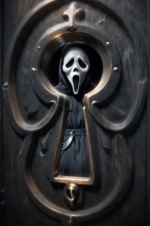 ((Screen through the keyhole)),solo,Ghostface, raised blade, black robe, horror, ((depth of field)),backDonMK3yH0l3XL,ghostface mask,Hollow