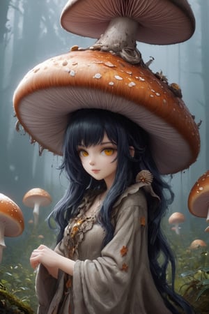 In a whimsical fantasy world, a young girl with a mushroom hat captures the essence of wonder and adventure. With each step, her hat adorned in vibrant colors and playful patterns, she embodies the magic that surrounds her. With curious eyes and boundless imagination, she invites all to join her on a journey through enchanting realms where dreams come to life.,a1sw-InkyCapWitch