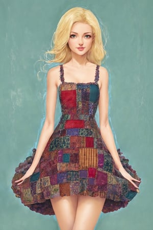 art nouveau style,flat Illust,beautiful blonde lady, Official Art, Art Station, Beautiful and Aesthetic, One Girl, Highly Detailed, (patchwork style dress),
A Scandinavian woman of supernatural beauty,
Full body, looking at the viewer, (model pose: 1), cowboy shot,photo_b00ster