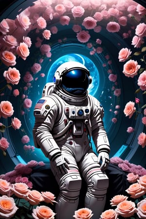 Visualize an astronaut peacefully resting inside a coffin, which is entirely enveloped in a bed of lush, blooming roses. The vibrant hues of the roses contrast starkly with the sterile, metallic interior of the spacecraft. Despite the solemnity of the scene, there is an undeniable beauty in the juxtaposition of life and death, as the delicate petals gently cradle the astronaut in their embrace. The astronaut's visor reflects the surrounding roses, creating an otherworldly glow that illuminates the otherwise dimly lit interior of the spacecraft. As the astronaut sleeps, surrounded by the fragrant embrace of the roses, there is a sense of tranquility and serenity, as if they have found peace amidst the vast expanse of space.,DonMS4kur4XL,ani_booster,nocturne