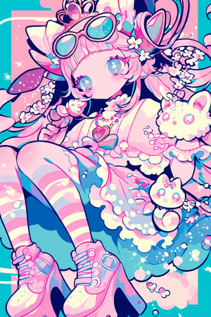 1girl ,vtuber anime character design,love peace ice cream！,
An over-the-top maximalist Vtuber character in hyper-decorative pink Lolita fashion. Her anime-style face features enormous, sparkling eyes in gradient pastel colors, framed by impossibly long eyelashes. Her multi-layered hair cascades in a riot of pastel pinks, purples, and blues, adorned with an excess of bows, flowers, and glittering accessories. She wears a frilly, cupcake-shaped dress in various shades of pink, covered in lace, ribbons, and ruffles. The dress is further embellished with candy motifs, stuffed animals, and miniature tea sets. Multiple petticoats peek out from beneath, each a different shade of pink. She sports striped stockings and platform shoes with heart-shaped buckles, Numerous bracelets, rings, and necklaces adorn her, along with a tiara and cat-ear headphones, background is a dizzying collage of pastel colors,anime style,anime girl,future0615