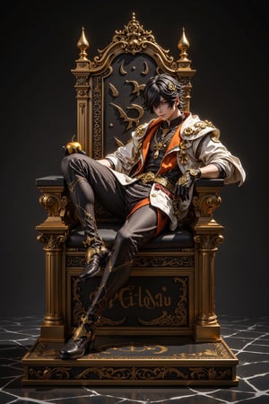 3D, Figure, Highly detailed anime figure, A young male character sits on a giant throne with glittering golden runes. Elegant white and black outfit with golden trim fits snugly to his body. Flowing cape, orange on the inside, dark messy hair, sharp features wearing a small crown. Attractive golden accessories, character lounging casually, holding a golden apple in one hand, figure on a square gold and black pedestal. Ultra-realistic texture, glossy finish. Crisp contrast of black, white and gold elements. Dramatic lighting enhances the 3D effect. Marble-like background. Professional product photography style, slightly angled view. Ultra-high resolution, cinematic color grading highlighting the gold and black colors. The scale figure is approximately 1/7 and highlights the exquisite craftsmanship.