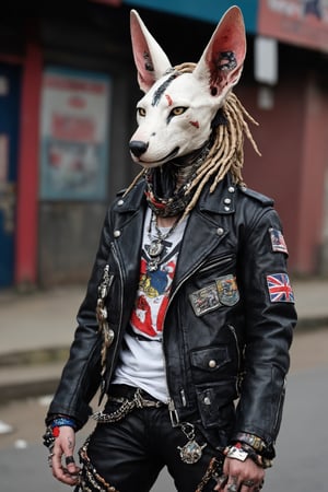 ultra realistic photo,albino representation of Anubis, the ancient Egyptian god, donned in a vibrant and edgy punk rock fashion ensemble, complete with Ratty dreads, More patchs, Crust core, anti union flag design, dirty torn studded leather jacket, hardcore Punk Style jacket, lot Punk badge, dirty black leather pants, dirty long torn leather bootsstuds, and unconventional accessories, rebellious punk aesthetic, ,photo r3al