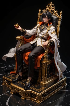 3D, Figure, Highly detailed anime figure, A young male character sits on a giant throne with glittering golden runes. Elegant white and black outfit with golden trim fits snugly to his body. Flowing cape, orange on the inside, dark messy hair, sharp features wearing a small crown. Attractive golden accessories, character lounging casually, holding a golden apple in one hand, figure on a square gold and black pedestal. Ultra-realistic texture, glossy finish. Crisp contrast of black, white and gold elements. Dramatic lighting enhances the 3D effect. Marble-like background. Professional product photography style, slightly angled view. Ultra-high resolution, cinematic color grading highlighting the gold and black colors. The scale figure is approximately 1/7 and highlights the exquisite craftsmanship.