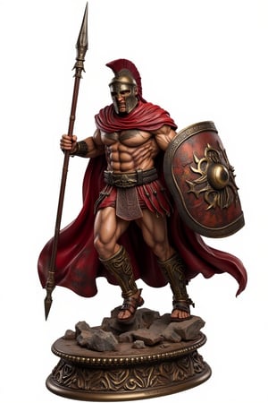 A meticulously crafted, high-end custom figure of a powerful Spartan soldier in mid-battle pose. The figurine showcases stunning detail in the muscle definition, with every sinew and vein meticulously sculpted. The soldier is clad in authentic Spartan armor, with a gleaming bronze chest plate, intricately carved greaves, and a flowing crimson cape. The helmet features a menacing crest, and the weathered shield bears the iconic Spartan Lambda symbol. The soldier holds a long, ornate spear in one hand and a battered, scarred sword in the other. Every aspect of the armor, from scratches to battle damage, is rendered in painstaking detail, making this Spartan soldier appear as if frozen in a dynamic, action-packed moment of history.,resin,White background