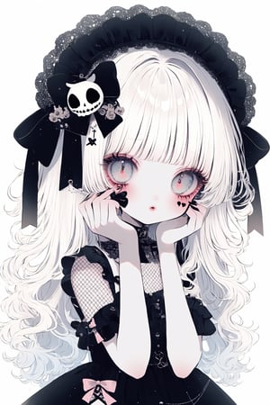 Shoujo manga style,1girl,ultra cute, Harajuku Style grunge fashion with kawaii and Lolita themes, albino demon girl,(pure white 
long hair),(black sclera),luxury mesh fishnet blouse,dal-1,ct-niji2,black hands
