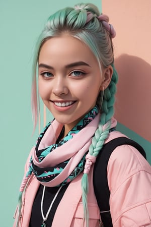 Realistic anime, young Scandinavian girl,smile, dressed in urban ninja fashion,　candy colors,traditional pattern scarf,incredibly complex braided hair,wears a sleek and modern ensemble featuring pastel hues such as soft pinks, baby blues and mint greens,Her outfit combines elements of traditional ninja attire with contemporary streetwear,dal,TechStreetwear,photo_b00ster