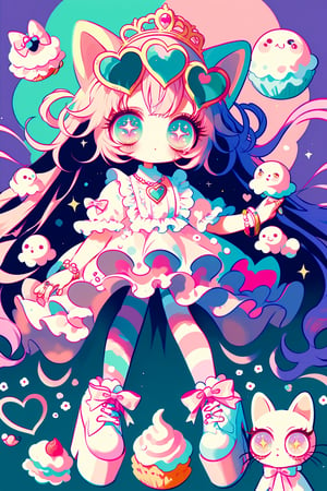 1girl ,vtuber anime character design,love＋peace＋ice cream,big Eyes,Eyes that protrude from the contours of the face,Extremely deformed eyes,
An over-the-top maximalist Vtuber character in hyper-decorative pink Lolita fashion. Her anime-style face features enormous, sparkling eyes in gradient pastel colors, framed by impossibly long eyelashes. Her multi-layered hair cascades in a riot of pastel pinks, purples, and blues, adorned with an excess of bows, flowers, and glittering accessories. She wears a frilly, cupcake-shaped dress in various shades of pink, covered in lace, ribbons, and ruffles. The dress is further embellished with candy motifs, stuffed animals, and miniature tea sets. Multiple petticoats peek out from beneath, each a different shade of pink. She sports striped stockings and platform shoes with heart-shaped buckles, Numerous bracelets, rings, and necklaces adorn her, along with a tiara and cat-ear headphones, background is a dizzying collage of pastel colors,anime style,anime girl,future0615