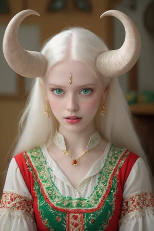 An albino devil girl (long intricate horns: 1.2) in traditional Italian and Sardinian costume, endlessly beautiful emerald eyes, her ethereal presence accentuated by the transparency of her pale skin, her striking emerald eyes radiating an otherworldly glow,
Break
Wrapped in the vibrant colors and intricate designs of her artistically embroidered blouse, colorful skirt, apron, and Sardinian folk costume in red and white tones, she exudes an enchanting allure that transcends the realms of fantasy and reality,photo_b00ster,perfect likeness of TaisaSDXL