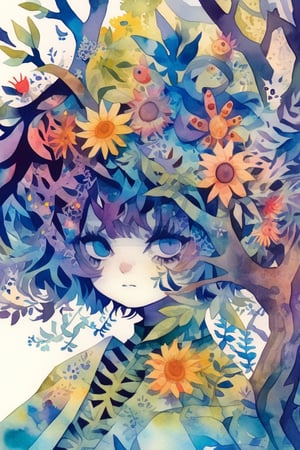 Emo design,crazy colorful illustration,Simple art,Treant, tree with a cute face, a face covered in flowers,(only Face:1.2),(face seen from the side),emo,watercolor \(medium\), ,Anime girl,papercut,dreamscape,Flat Design,doodle,doodleredm