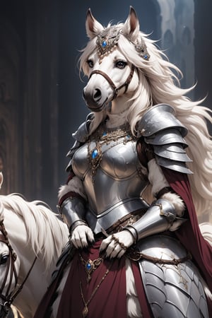 Very detailed, hentai anime style, anthropomorphic animal,.
Very long white hair, beautiful Andalusian horse noblewoman, long eyelashes, wearing many ornaments, elegant and beautiful Andalusian horse, wearing gorgeous plate mail armor,
l ,aw0k euphoric styleMagical Fantasy style,Qftan,knight,anthro,dal