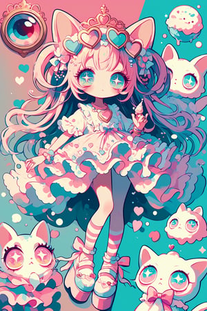 1girl ,vtuber anime character design,love＋peace＋ice cream,big Eyes,((Eyes that protrude from the contours of the face)),Extremely deformed eyes,
An over-the-top maximalist Vtuber character in hyper-decorative pink Lolita fashion. Her anime-style face features enormous, sparkling eyes in gradient pastel colors, framed by impossibly long eyelashes. Her multi-layered hair cascades in a riot of pastel pinks, purples, and blues, adorned with an excess of bows, flowers, and glittering accessories. She wears a frilly, cupcake-shaped dress in various shades of pink, covered in lace, ribbons, and ruffles. The dress is further embellished with candy motifs, stuffed animals, and miniature tea sets. Multiple petticoats peek out from beneath, each a different shade of pink. She sports striped stockings and platform shoes with heart-shaped buckles, Numerous bracelets, rings, and necklaces adorn her, along with a tiara and cat-ear headphones, background is a dizzying collage of pastel colors,anime style,anime girl,future0615