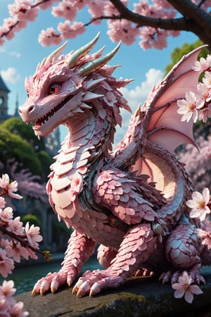  dragon with a body entirely composed of intertwining cherry blossoms , Its scales shimmer with the delicate hues of　cherry blossoms, Each petal is meticulously crafted, forming intricate patterns that cascade along its body like a living tapestry,
Despite its floral appearance,  scent of cherry blossoms fills the air, ,Mecha,Disney pixar style