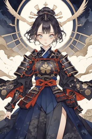 1girl,cute FaceShe wears gothic style samurai armor, has long slit eyes, mysterious, narrow and captivating eyes, combines gothic elements with traditional Japanese armor, and wears a dark blue hakama.
, the design blends elegance and strength, depicting her as a warrior princess, warrior, samurai, and emo,Realistic Blue Eyes,Inutade