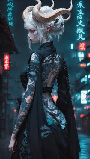 1 girl, (masterful) albino demon queen, (long complex horns:1.2), 
,hakama,gaiter,kanji tattoo,kimono back wide open,beautiful tattoo,
cyberpunk city background,photo_b00ster,ct-niji2,dragon tattoo,GlowingTat