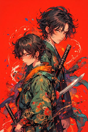 Anime-style digital illustration of two Japanese boys in a dynamic pose. Vibrant red background with splatters and colorful dots. Foreground boy: younger, determined expression, brown eyes, short messy hair. Wearing green kimono-style top, holding a curved sword. Background boy: older, serious expression, dark green hair partially covering one eye. Dark clothing, protective stance behind younger boy. Art style: mix of traditional Japanese art and modern anime. Color palette: deep reds, earthy greens, warm browns, splashes of blue and purple. Lighting: dramatic, creating contrast between figures and background. Texture: watercolor-like effects, visible brush strokes. Composition: figures slightly off-center, dynamic diagonal arrangement. Mood: intense, action-oriented. Details: floating colorful dots, hair strands moving as if in wind, fabric folds in clothing. Overall impression: beautiful, ethereal yet powerful scene with two warrior-like boys.