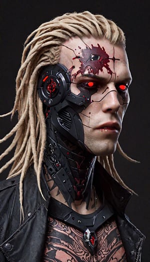 ((cowboy shot)),1man,High tech cybernetic vampire,Very long blonde dreads, detail, high detail, vampire with bloody crimson dagger,((briar pattern tattoo on forehead:1.4)), jet black armor, red spikes, red blood, crimson blood, 2077, cyberpunk, zavy-cbrpnk, faceplate,darktattoo
