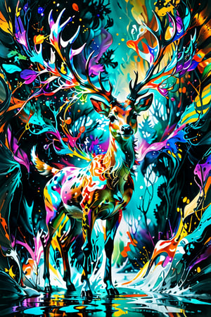 abstract painting Entanglement art,
Crazy colors, awakening, mysterious deer, gigantic, shining antlers, metaphysical deer.,ColorART