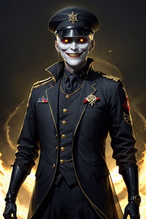 Fearsome and formidable enemy, unusually slender man,grim face,queer smile, a vampire man, crazy face, 35Yo,((eerily glowing golden eyes)), a deeply worn military cap, and dressed in the formal attire of the old Japanese army, he exudes an aura of authority,((black shroud)),His military uniform features a tailored jacket decorated with intricate details and traditional symbols, white gloves marked with a pentagram,pentagram,zavy-cbrpnk,Hiro Crazy Dimension,