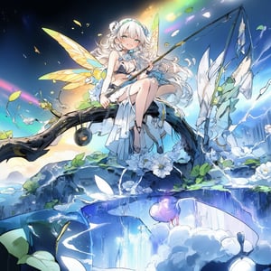 1 girl, an anime illustration, a fairy with long flowing hair and colorful wings, happily fishing for fish while sitting on a tree branch, a vibrant environment with swirling water and floating leaves, fantasy background, the fairy is holding a fishing rod, blending natural and fantastic elements, creating a unique visual style, soft pastel colors and fantastic atmosphere, rainbow, Made in Abyss manga, ink style,niji