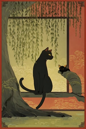 Hanafuda-style art, featuring a weeping willow and a cute black cat,
 Elegant willow branches with delicate green leaves cascade down, A sleek black cat sits beneath, its yellow eyes gleaming. Bold, simplified shapes in traditional colors. Red border frames the scene. Kanji for 'willow' in the corner."