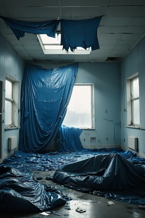 Empty room, entirely covered in blue tarpaulin, clinical atmosphere,  Broken window,stuffing spilling out. cinematic framing