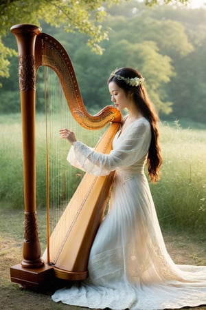 The graceful woman plucks the strings of the harp, her fingers dancing elegantly across the instrument. The melodic notes resonate through the air, weaving a spellbinding tapestry of sound that captivates all who listen. Her posture exudes poise, and her eyes reflect the passion with which she breathes life into each enchanting chord. The music, like a gentle breeze, carries the timeless echoes of Celtic tales and adds a touch of ethereal beauty to the surroundings.,kim_heesun