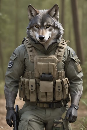A wolf adorned in modern military gear exudes a powerful and commanding presence. Clad in tactical gear designed for efficiency and functionality, the wolf blends seamlessly into its surroundings with camouflage patterns and durable fabrics. Its keen eyes survey the terrain with precision, while its sharp claws and powerful muscles make it a formidable force to be reckoned with.,anthro,mw
