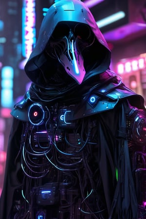 Plague Doctor,Cyberpunk Plague Doctor Cyborg, futuristic reinterpretation, LED eyes, smooth black exoskeleton, neon glowing seams, holographic HUD inside the mask, built-in air filtration system, , dark trench coat pattern with circuitry, , neural interface Ports, augmented reality scanner, chrome accents, data cables, dystopian city background, high contrast lighting, digital art, highly detailed rendered cells,sclera,,Ap0l0gr4ph1c,ek_ph0t0_b00ster,cyborg