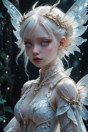 1girl, (masterpiece), stunning hybrid girl,  albino fairy and an albino demon girl,Pure white white pigtails,
blur background, sharp focus, albino demon girl,slit pupil eyes,Intricate Iris, Details their ethereal beauty blending seamlessly to create a mesmerizing presence.
Adorned in a shimmering gown that seems to radiate with otherworldly light, this unique being captivates all who behold her,Her delicate wings, reminiscent of both fairy wings and demonic appendages, flutter gracefully as she moves, adding to her enchanting allure. Despite her mixed heritage, there is a harmonious balance to her appearance, evoking a sense of wonder and admiration in all who gaze upon her.",Butterfly Style