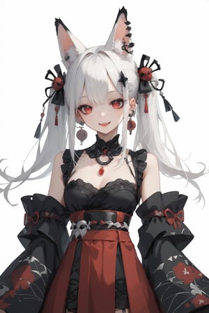 (score_9,score_8_up,score_7_up,)1Girl,animal ears,red eyes,long pure White hair,red skirt,goth style luxury layered kimono,hair ornament,upper body,v,smile,goth girl,sagawa,garter straps