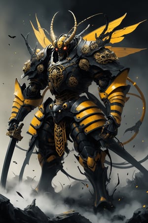 A samurai armored in a suit reminiscent of a giant hornet, with sleek, angular plates crafted to resemble the insect's exoskeleton. The helmet features menacing hornet-like antennae, and the mask is adorned with intricate designs resembling the insect's eyes. The armor's color scheme mimics the vivid yellow and black stripes of a hornet, instilling fear in adversaries on the battlefield.,warrior,monster