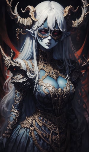 1girl,.albino demon little queen, (long intricate horns), a sister clad in gothic punk attire, face concealed behind a striking masquerade mask,themed,white_aesthetics,photorealistic,Masterpiece,Realistic,dark fantasy,intricate printing pattern ,nodf_lora