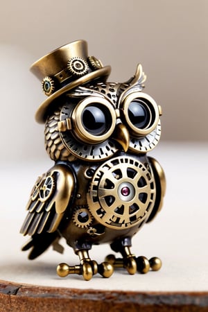 Realistic cute owl, character in a Sanrio-style design infused with elements of steampunk. With expressive eyes framed by brass goggles and adorned with clockwork gears, this adorable owl exudes whimsical charm. Its plumage features intricate mechanical details, while a miniature top hat atop its head adds a fashionable touch. Despite its steampunk embellishments, the owl retains its signature cuteness,Owl